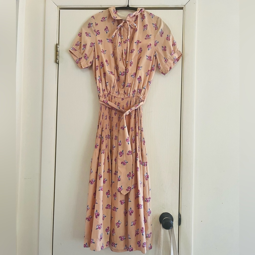 VTG 70s Prairie Cottagecore Boho Crepe tea party DÔEN style midi dress Xs